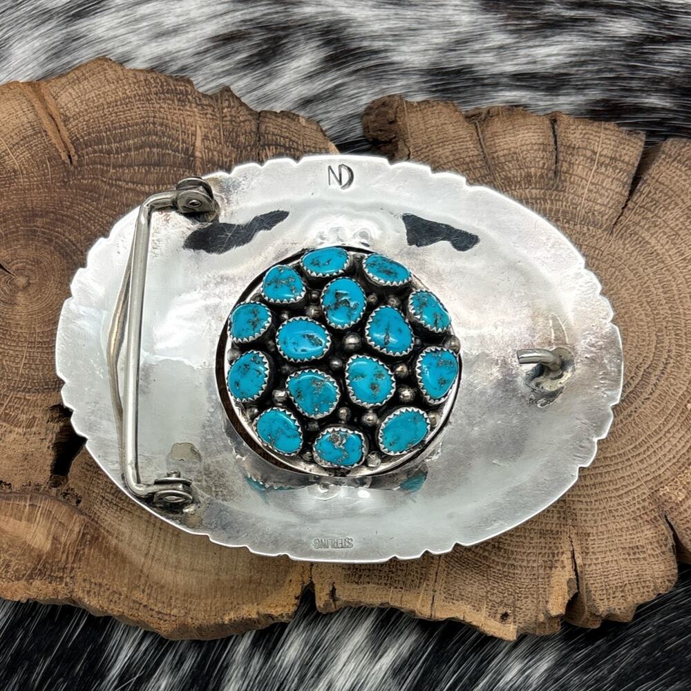 1970s Native American NAVAJO Sterling Turquoise Coral Cluster Belt Buckle Spins - Picture 3 of 3